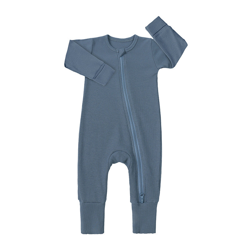 Bamboo Fiber Baby Onesie – Long Sleeve, Double Zipper, Fold-over Hands & Feet (All Seasons)