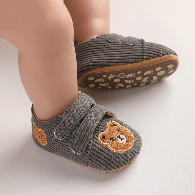 Cartoon Bear Embroidered Baby Walking Shoes – Soft Sole for Boys & Girls