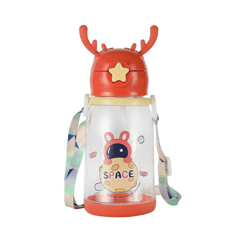 Cartoon Deer Antler Straw Cup – Large Capacity Water Bottle for Kids & Students