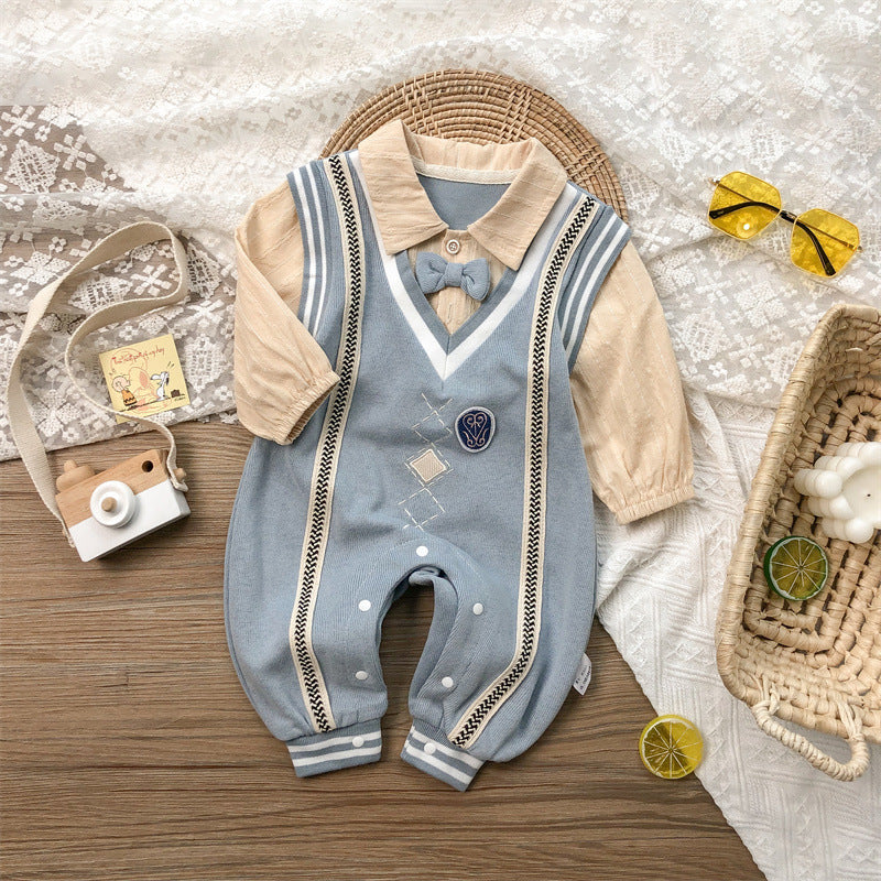 Autumn Baby Gentleman Outfit – Korean Style Long-Sleeved Crawling Romper for Newborn Boys