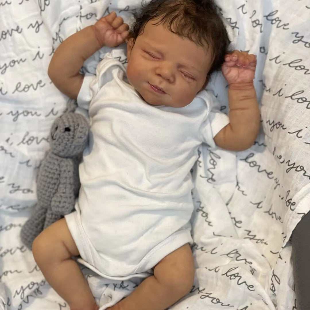 48cm Reborn Baby Girl Doll – Realistic Sleeping Doll with Rooted Hair & Black Leather Outfit