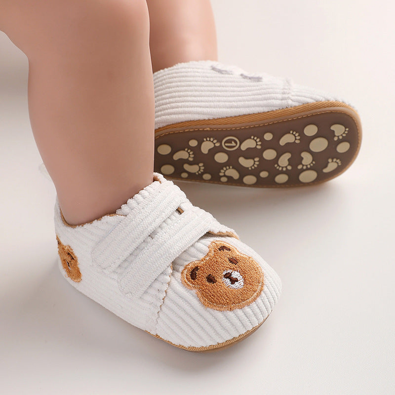Cartoon Bear Embroidered Baby Walking Shoes – Soft Sole for Boys & Girls