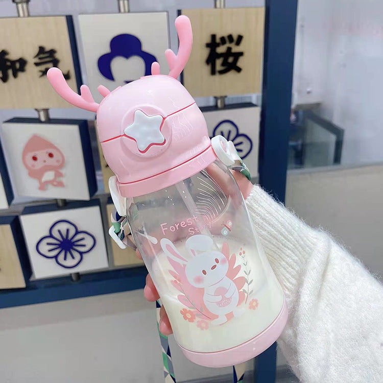 Cartoon Deer Antler Straw Cup – Large Capacity Water Bottle for Kids & Students