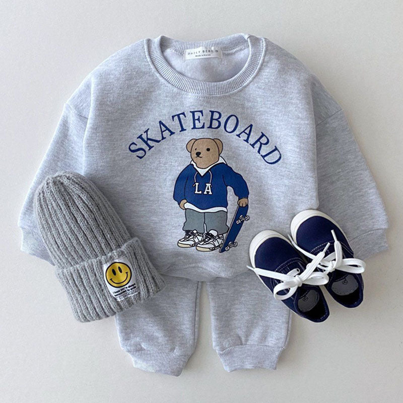 Korean Style Cartoon Hoodie Set – Toddler Boys Casual Outfit | Skateboard & Teddy Print
