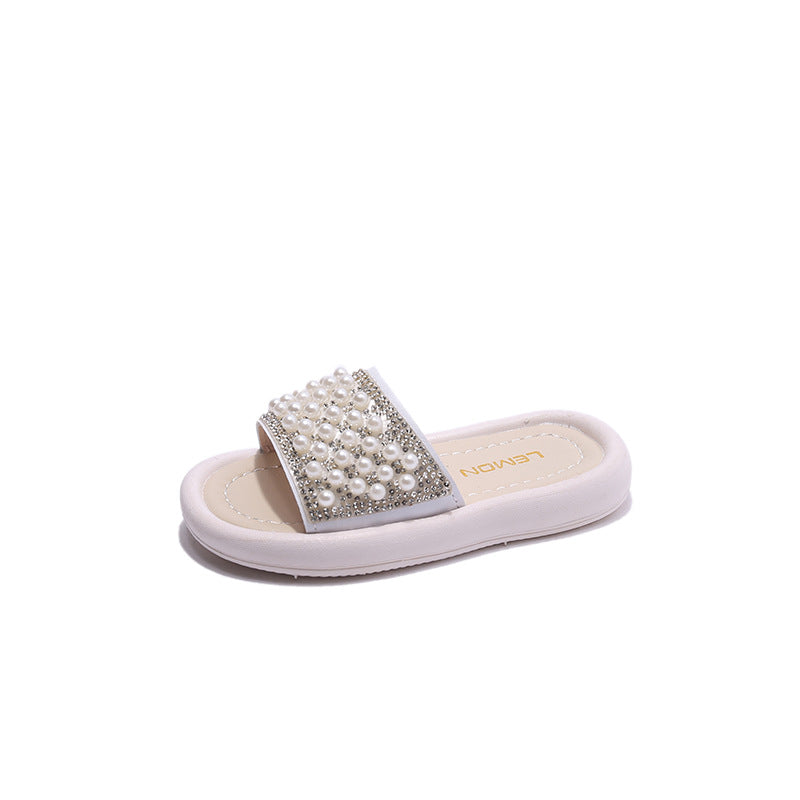 Girls’ Pearl Beaded Summer Sandals – Rhinestone Soft Sole Flats | Elegant Flip-Flops for Kids