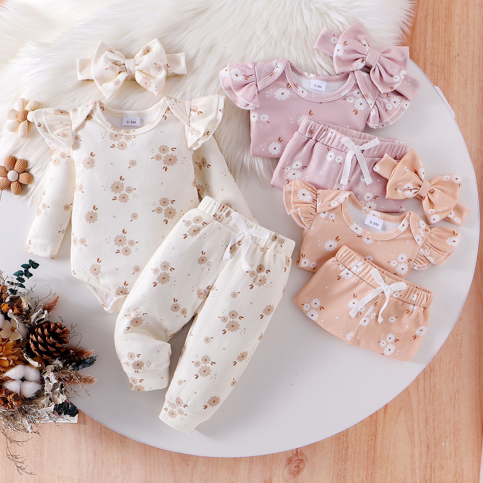 Baby Girl 3-Piece Set – Butterfly Bow Top, Floral Pants & Matching Accessory