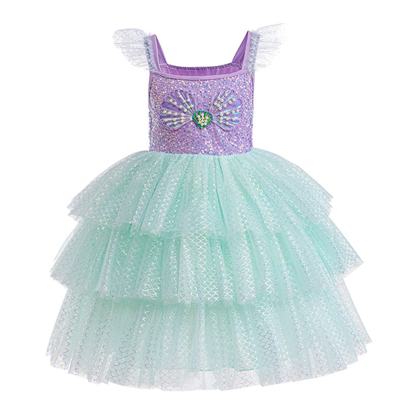 Elsa-Inspired Gradient Princess Dress – Layered Tulle Cake Dress with Bubble Sleeves