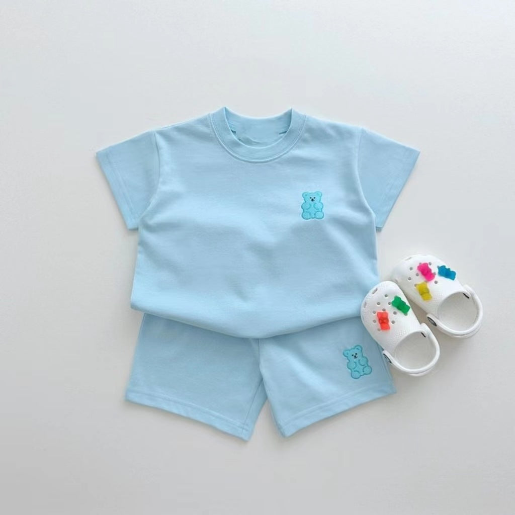 Teddy Bear Embroidered Summer Set – Korean Style Baby T-Shirt & Shorts (Unisex)