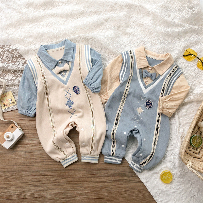 Autumn Baby Gentleman Outfit – Korean Style Long-Sleeved Crawling Romper for Newborn Boys