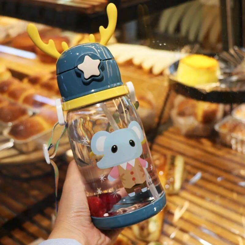 Cute Antler Water Bottle – Leak-Proof Straw Cup with Shoulder Strap