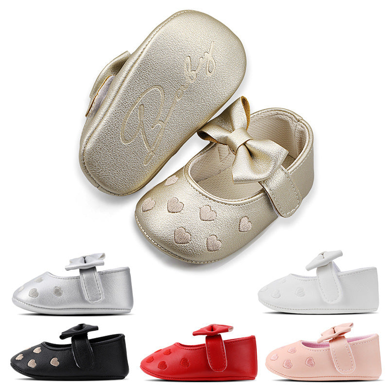 Embroidered Peach Heart Bow Baby Shoes (0–12 Months)