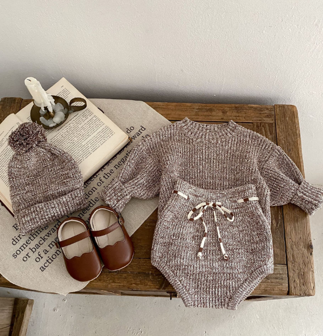 Autumn Outfit – Mixed Color Coarse Knit Pullover + Pants + Knitted Hat for Infant & Toddler Girls (3-Piece Set)