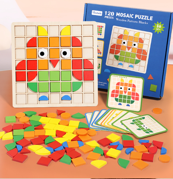 Wooden Mosaic 3D Puzzle Board – Color & Shape Matching Toy for Logical Thinking and Early Learning