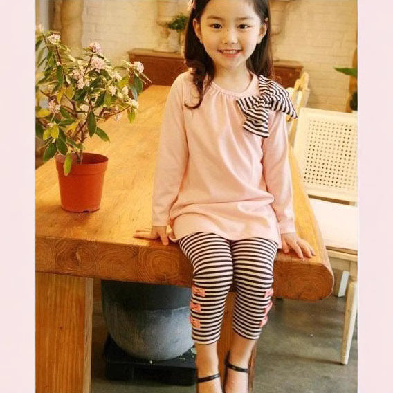 Girls’ Striped Two-Piece Set – Bow Detail CVC Top & Matching Pants