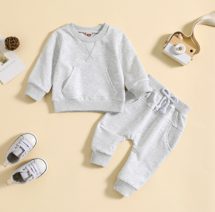 Children’s Solid Color Hoodie & Pants Set – Embroidered Letter Two-Piece Outfit for Boys & Girls