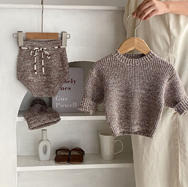 Autumn Outfit – Mixed Color Coarse Knit Pullover + Pants + Knitted Hat for Infant & Toddler Girls (3-Piece Set)