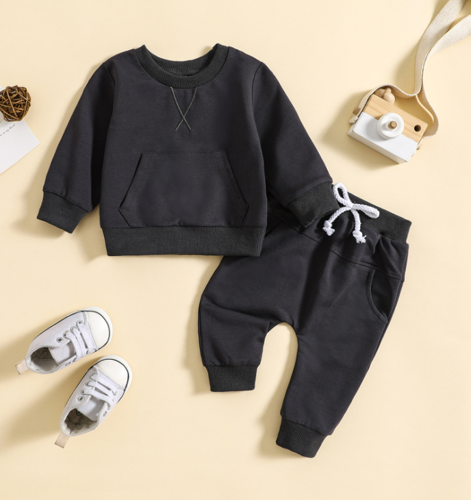 Children’s Solid Color Hoodie & Pants Set – Embroidered Letter Two-Piece Outfit for Boys & Girls