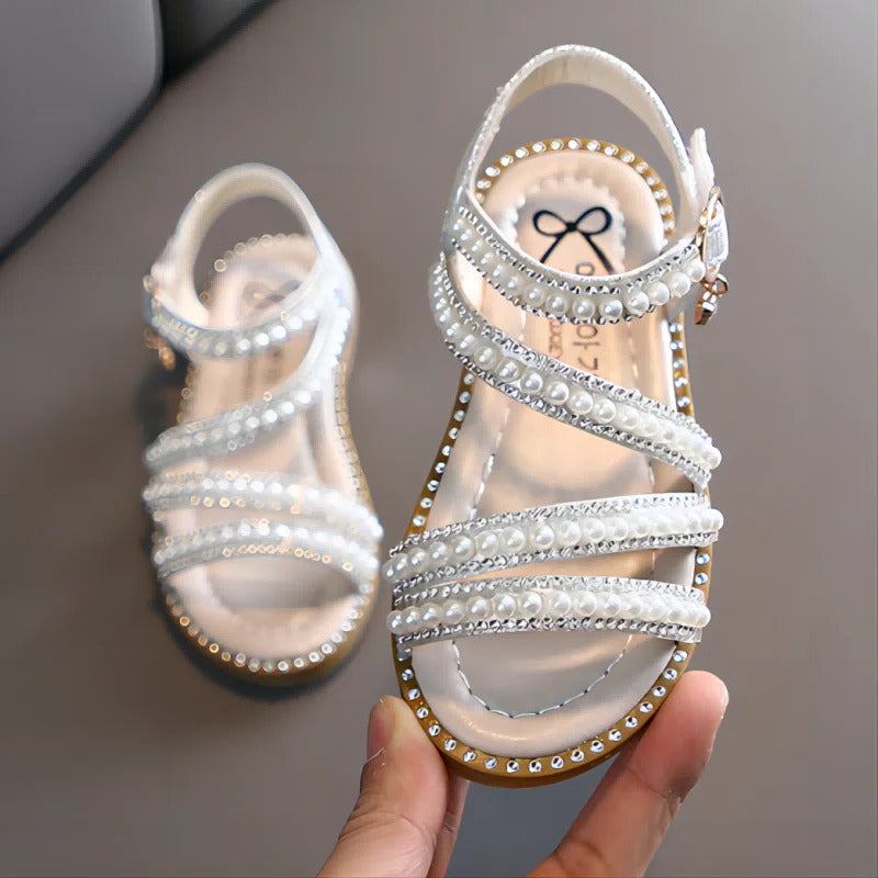 Girls’ Pearl Beaded Summer Sandals – Rhinestone Soft Sole Flats | Elegant Flip-Flops for Kids